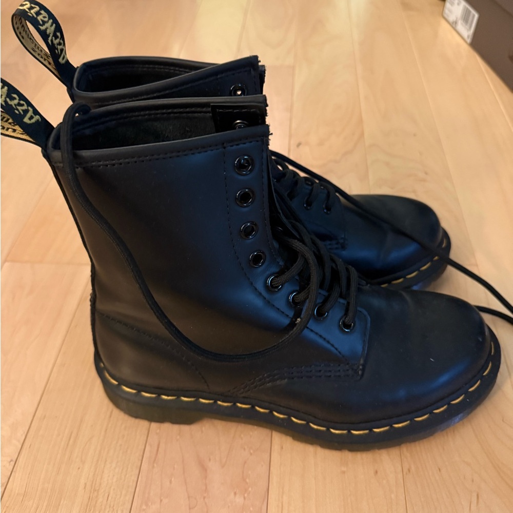 Dr. Martens Black Lace-Up Leather Boots with Yellow Stitching